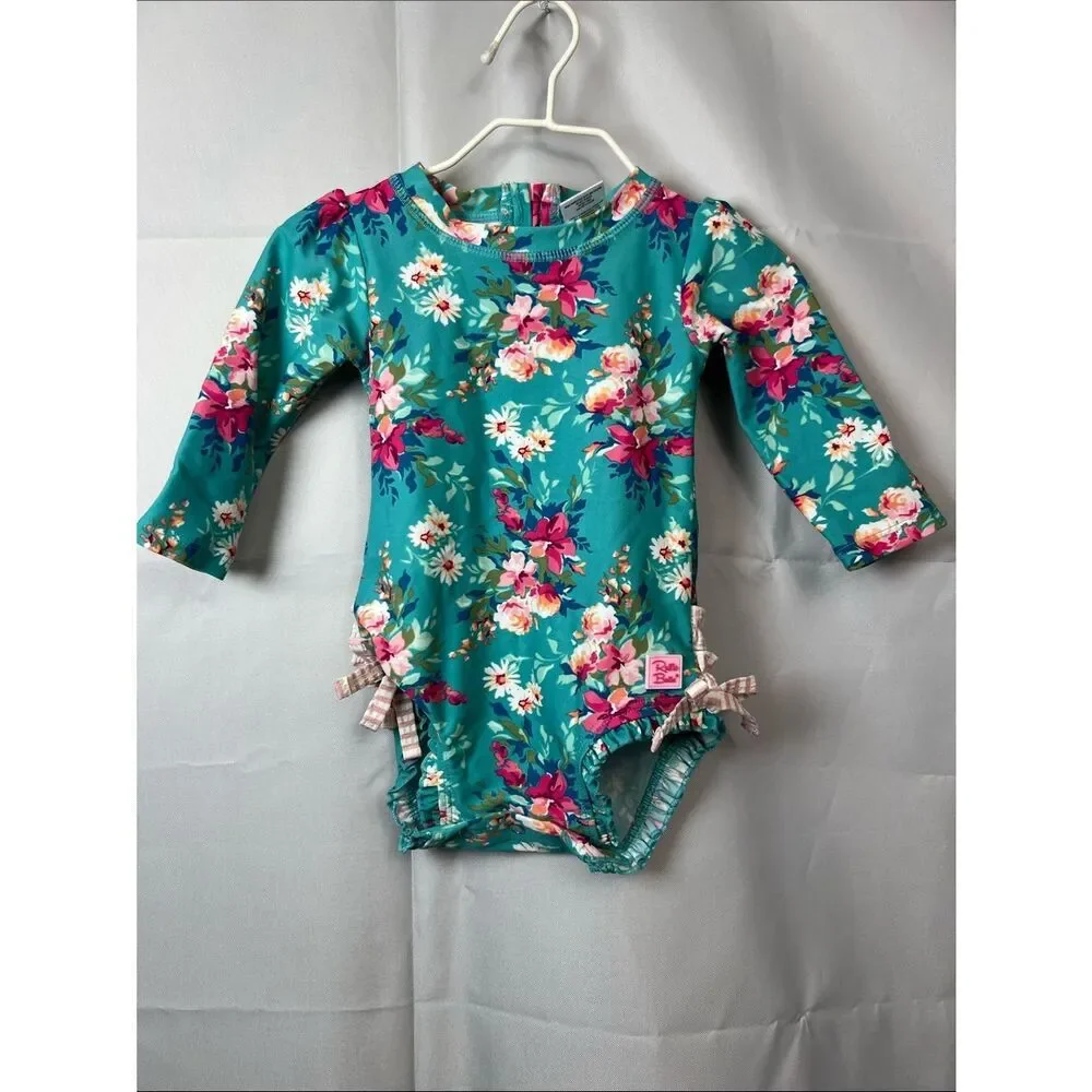 RuffleButts green and pink floral back zipper rash guard one piece swim 6-2 m